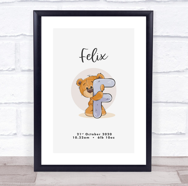 New Baby Birth Details Christening Nursery Bear Initial F Keepsake Gift Print