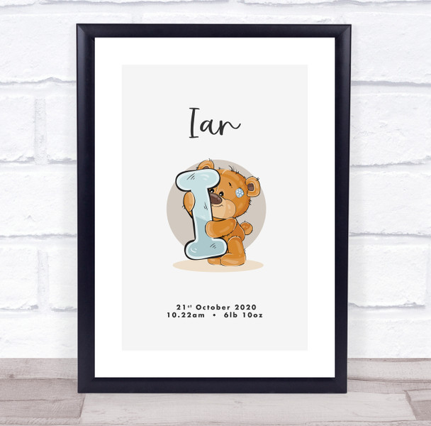 New Baby Birth Details Christening Nursery Bear Initial I Keepsake Gift Print