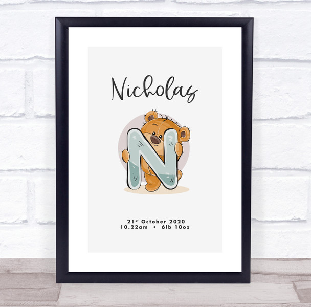 New Baby Birth Details Christening Nursery Bear Initial N Keepsake Gift Print