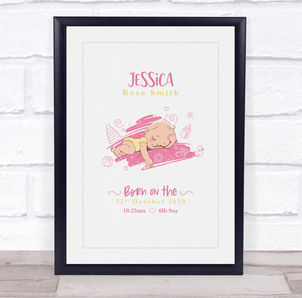 New Baby Birth Details Christening Nursery Girl On Pillow Keepsake Gift Print