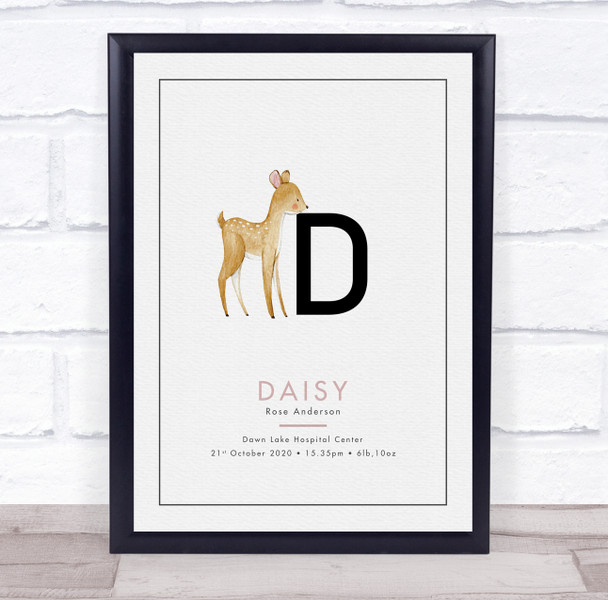 New Baby Birth Details Christening Nursery Initial D Deer Keepsake Gift Print