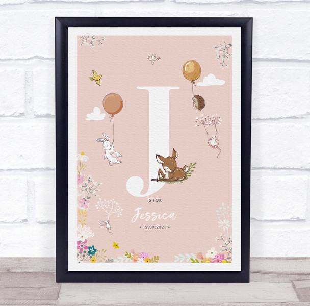 Baby Birth Details Nursery Christening Woodland Animals Pink Initial J Print