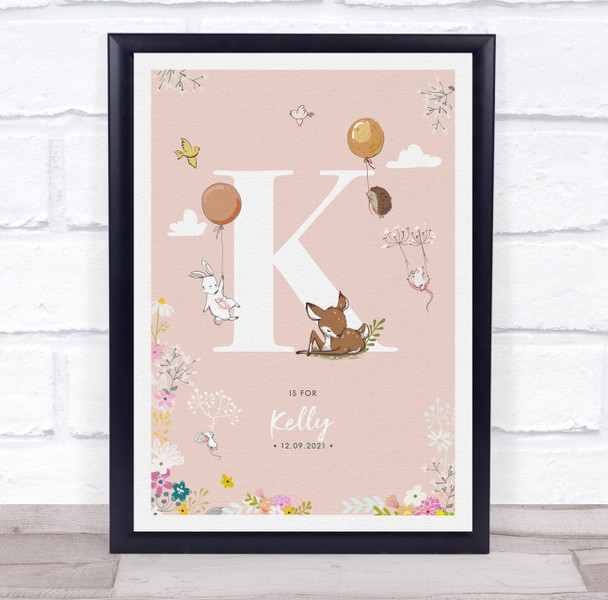 Baby Birth Details Nursery Christening Woodland Animals Pink Initial K Print