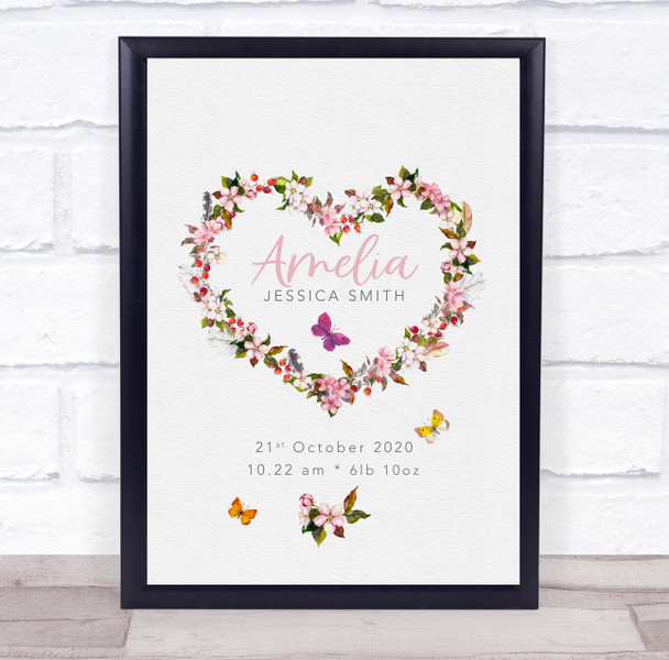 New Baby Birth Details Christening Nursery Heart Wreath Butterfly Gift Print