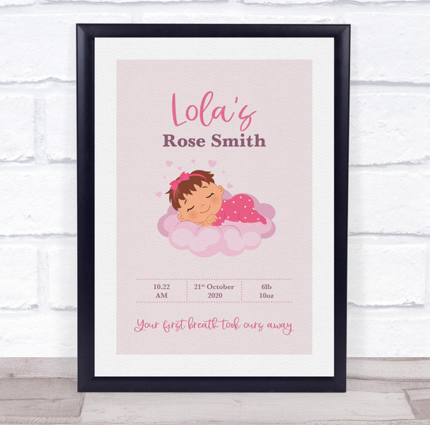 New Baby Birth Details Christening Nursery Brunette Girl Keepsake Gift Print