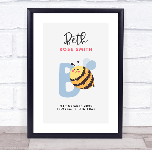 New Baby Birth Details Christening Nursery Initial B Bee Keepsake Gift Print