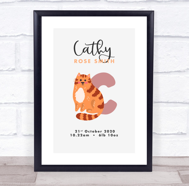 New Baby Birth Details Christening Nursery Initial C Cat Keepsake Gift Print