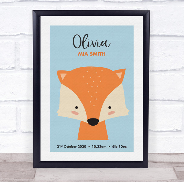 New Baby Birth Details Nursery Christening Cute Fox Face Keepsake Gift Print