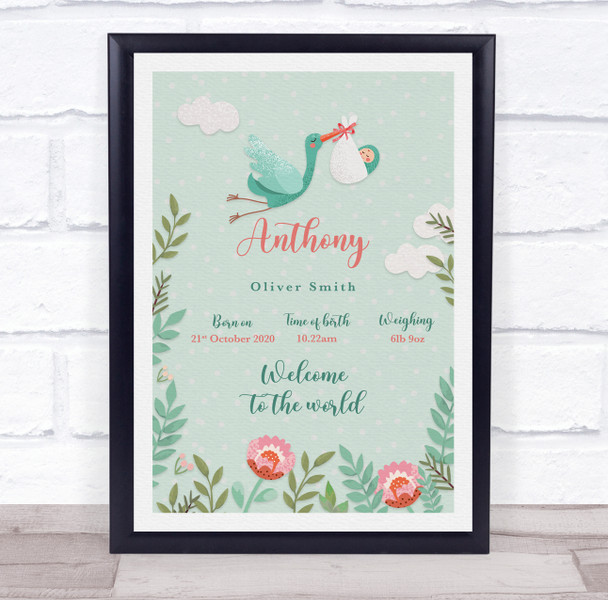 New Baby Birth Details Christening Nursery Stork Light Skin Baby Gift Print