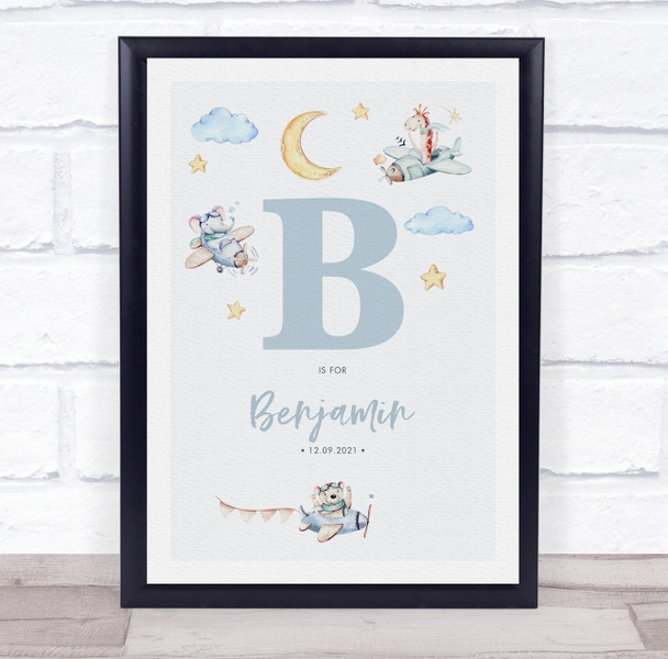 New Baby Birth Details Nursery Christening Blue Planes Initial B Gift Print