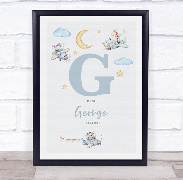 New Baby Birth Details Nursery Christening Blue Planes Initial G Gift Print