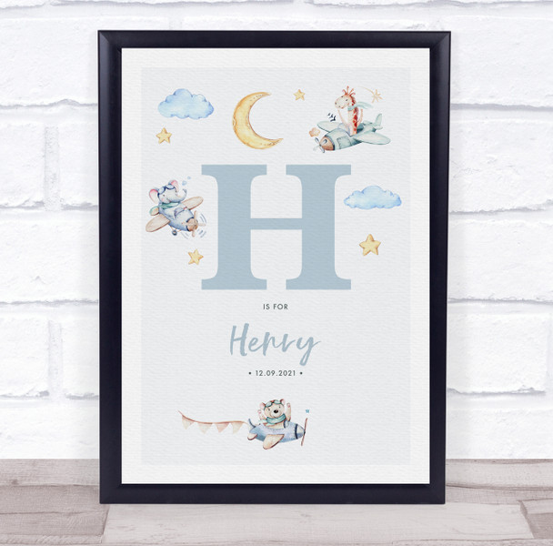 New Baby Birth Details Nursery Christening Blue Planes Initial H Gift Print