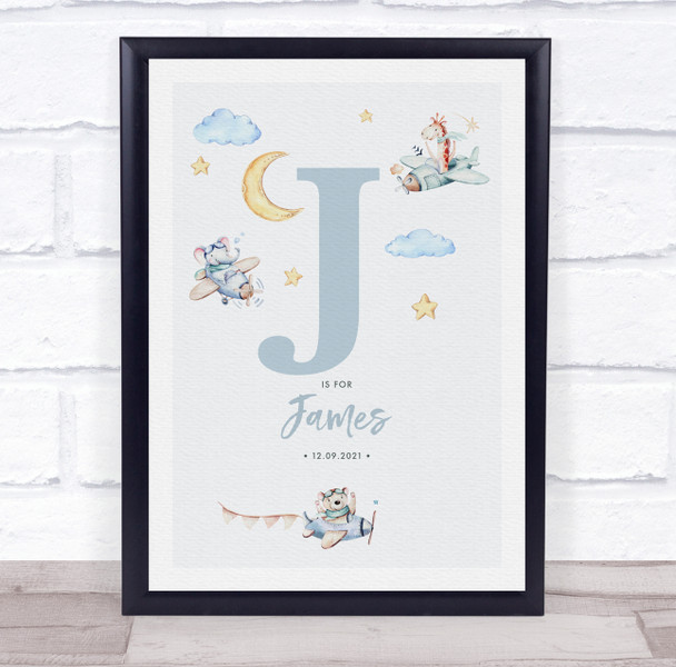 New Baby Birth Details Nursery Christening Blue Planes Initial J Gift Print