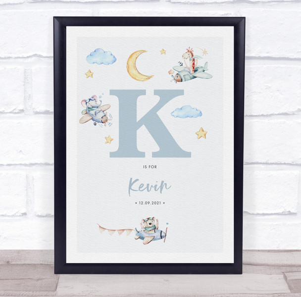 New Baby Birth Details Nursery Christening Blue Planes Initial K Gift Print