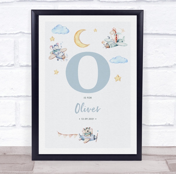 New Baby Birth Details Nursery Christening Blue Planes Initial O Gift Print