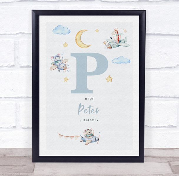New Baby Birth Details Nursery Christening Blue Planes Initial P Gift Print