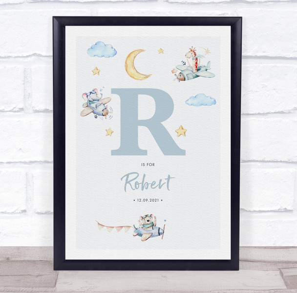 New Baby Birth Details Nursery Christening Blue Planes Initial R Gift Print