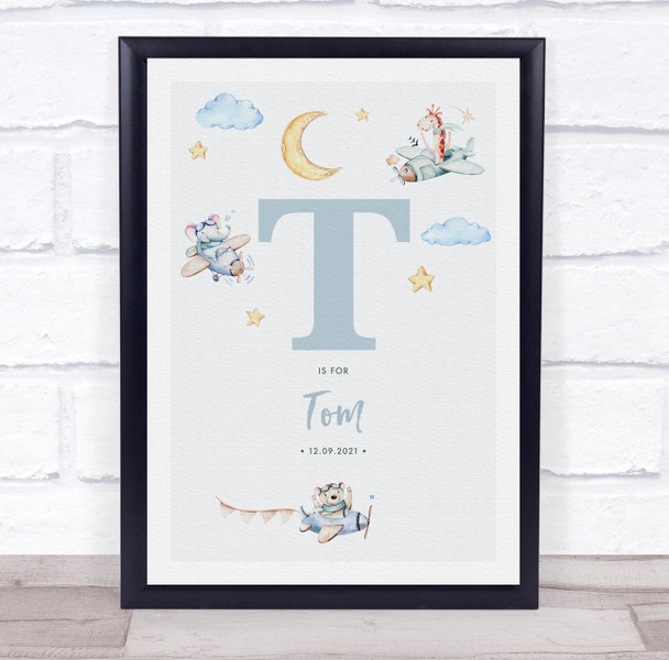 New Baby Birth Details Nursery Christening Blue Planes Initial T Gift Print