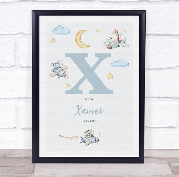 New Baby Birth Details Nursery Christening Blue Planes Initial X Gift Print