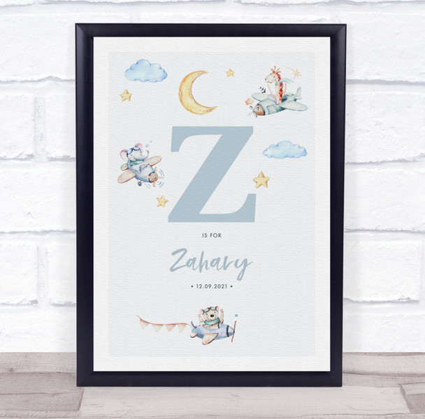 New Baby Birth Details Nursery Christening Blue Planes Initial Z Gift Print