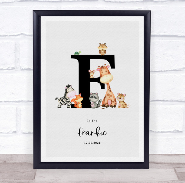 New Baby Birth Details Nursery Jungle Animals Initial F Keepsake Gift Print