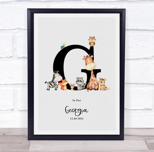 New Baby Birth Details Nursery Jungle Animals Initial G Keepsake Gift Print