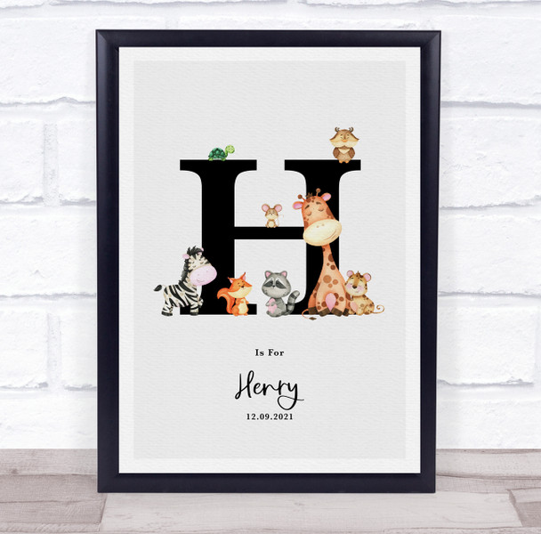 New Baby Birth Details Nursery Jungle Animals Initial H Keepsake Gift Print