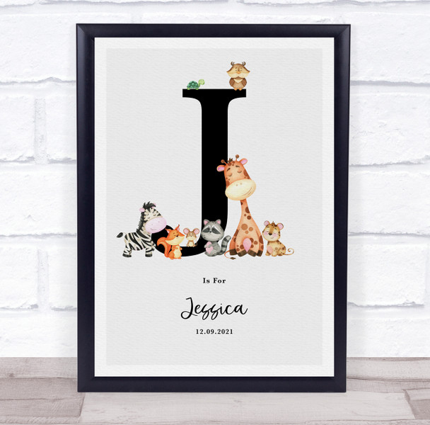 New Baby Birth Details Nursery Jungle Animals Initial J Keepsake Gift Print