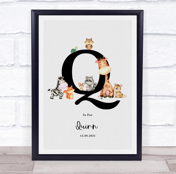 New Baby Birth Details Nursery Jungle Animals Initial Q Keepsake Gift Print