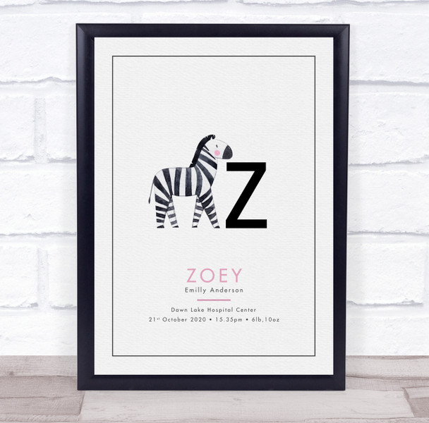 New Baby Birth Details Christening Nursery Bear Initial Z Zebra Gift Print