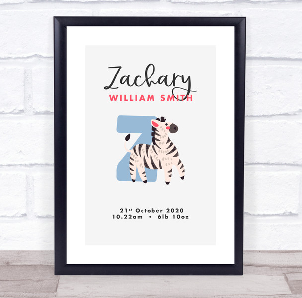 New Baby Birth Details Christening Nursery Bear Initial Zebra Z Gift Print