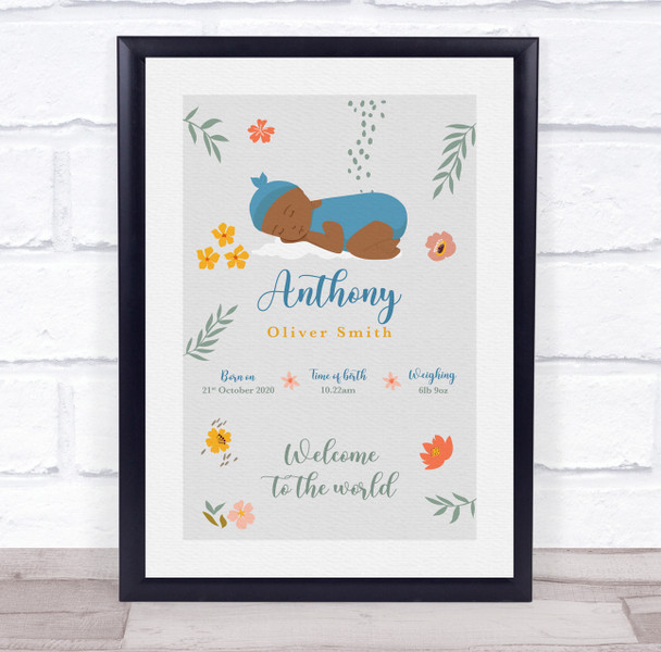 New Baby Birth Details Christening Nursery Dark Skin Boy Floral Gift Print