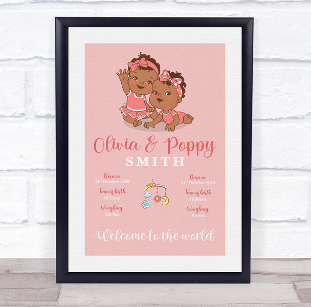 New Baby Birth Details Christening Nursery Dark Skin Girl Twins Gift Print