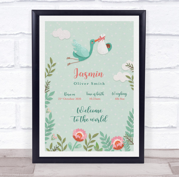 New Baby Birth Details Christening Nursery Stork Dark Skin Baby Gift Print