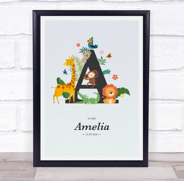 Jungle Animals Initial A Baby Birth Details Nursery Christening Gift Print