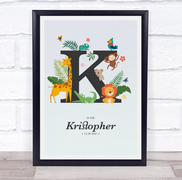 Jungle Animals Initial K Baby Birth Details Nursery Christening Gift Print