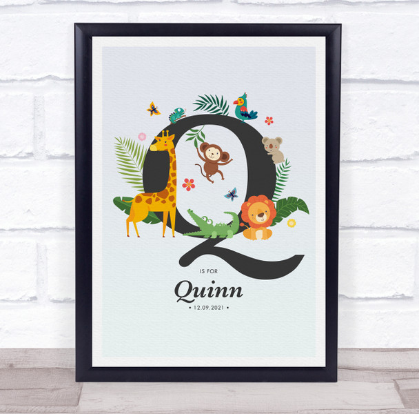 Jungle Animals Initial Q Baby Birth Details Nursery Christening Gift Print