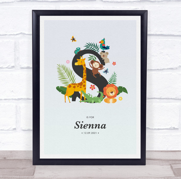 Jungle Animals Initial S Baby Birth Details Nursery Christening Gift Print