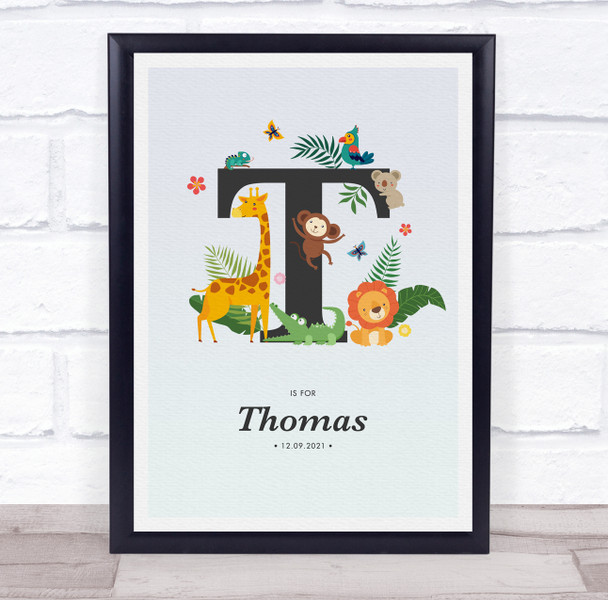 Jungle Animals Initial T Baby Birth Details Nursery Christening Gift Print