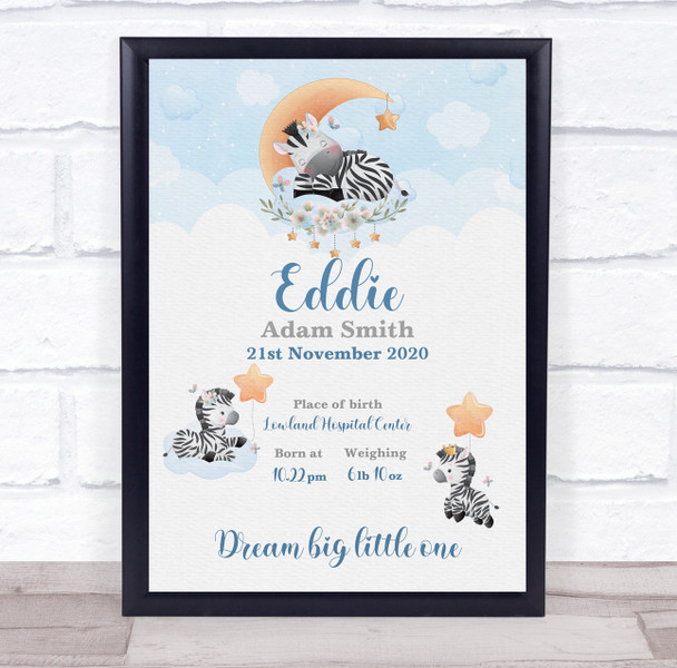 New Baby Birth Details Christening Nursery Cute Zebras Keepsake Gift Print