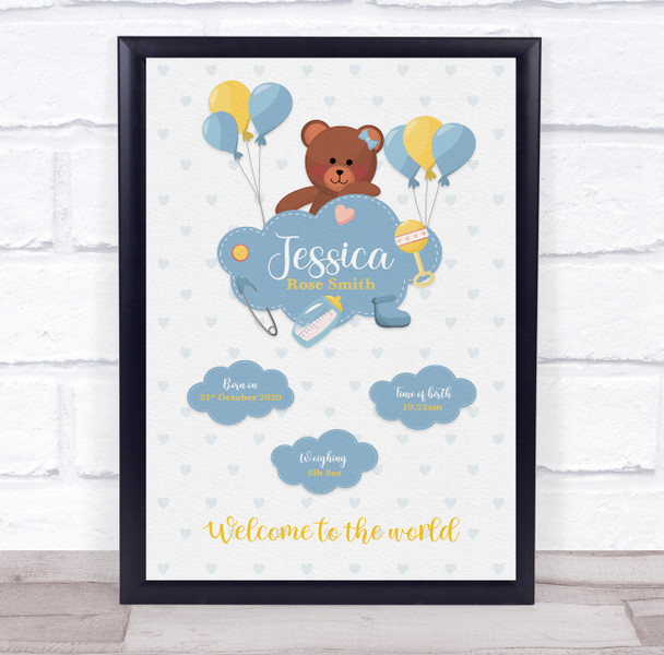 New Baby Birth Details Christening Nursery Bear Cloud Balloons Gift Print