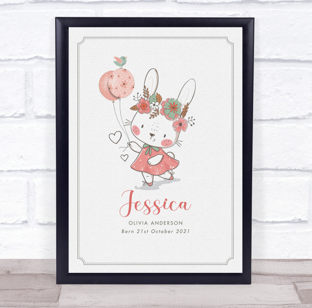 New Baby Birth Details Christening Nursery Girl Bunny Balloons Gift Print