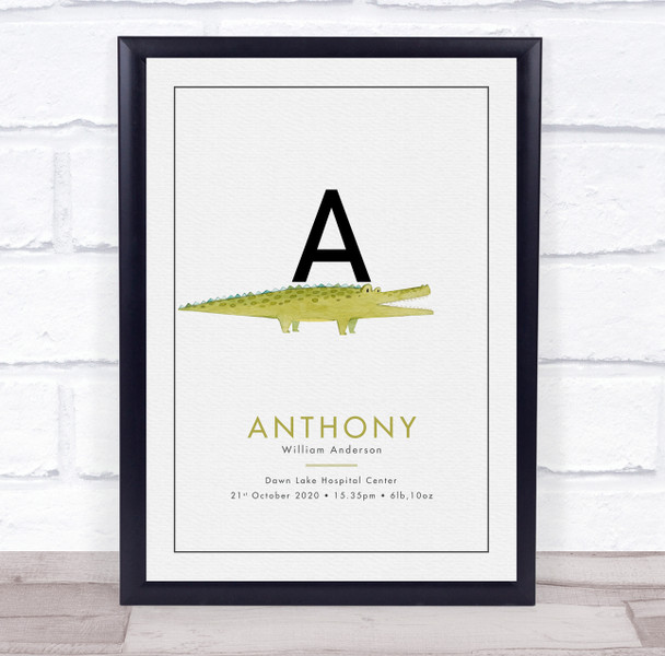 New Baby Birth Details Christening Nursery Initial A Alligator Gift Print