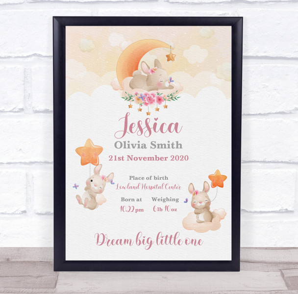 New Baby Birth Details Christening Nursery Watercolour Bunnies Gift Print