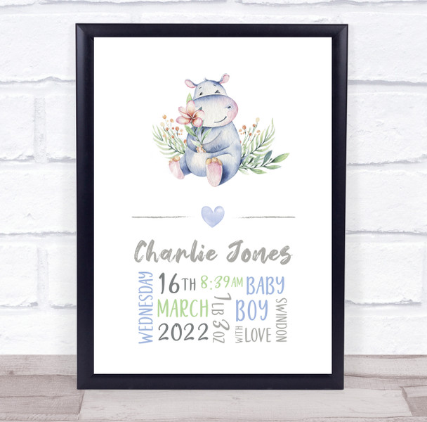 New Baby Birth Details Nursery Christening Cute Hippo Keepsake Gift Print