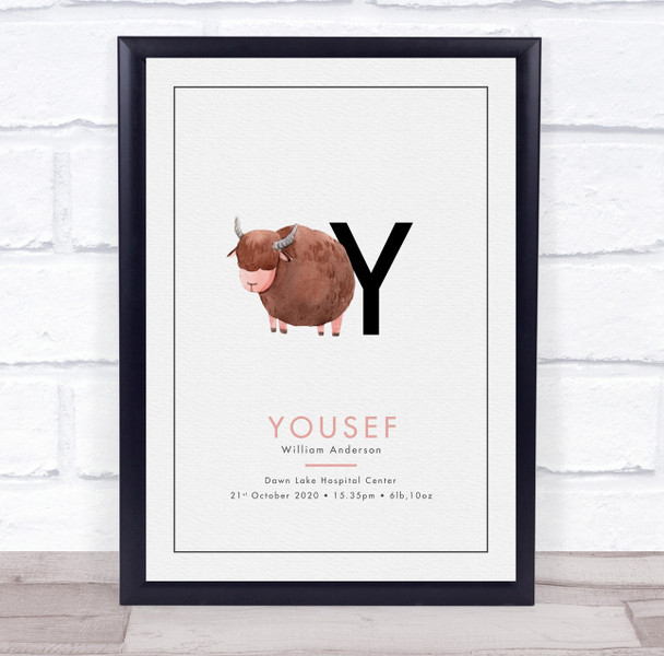 New Baby Birth Details Christening Nursery Bear Initial Y Yak Gift Print