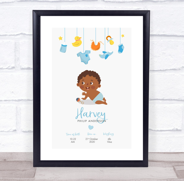 New Baby Birth Details Christening Nursery Dark Skin Afro Boy Gift Print