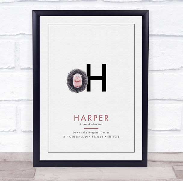 New Baby Birth Details Christening Nursery Initial H Hedgehog Gift Print