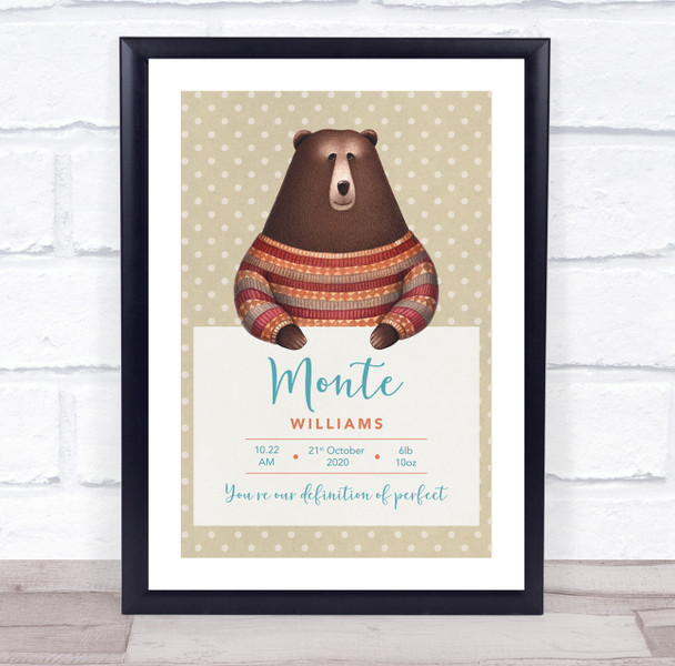 New Baby Birth Details Christening Nursery Cute Bear Keepsake Gift Print