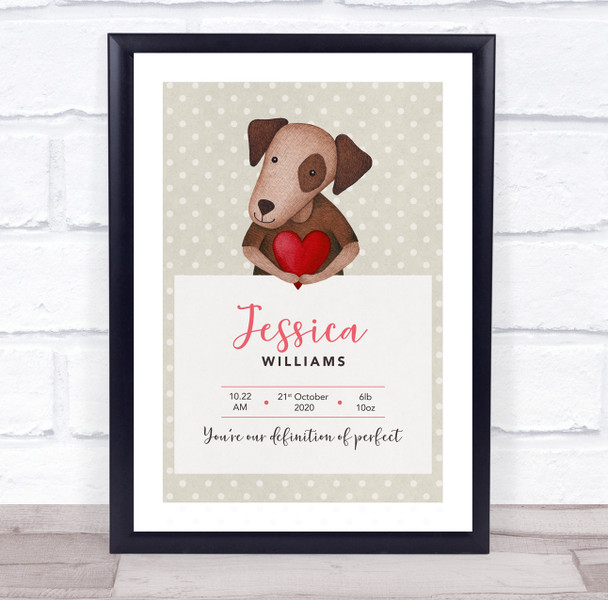 New Baby Birth Details Christening Nursery Dog Heart Keepsake Gift Print